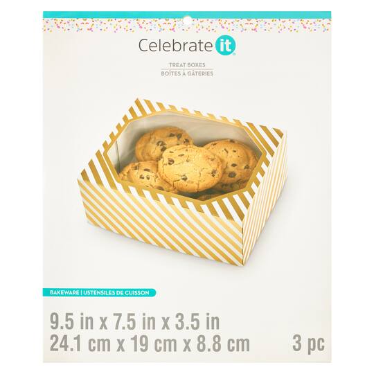 6 Packs: 3 ct. (18 total) Gold & White Striped Treat Boxes by Celebrate It®